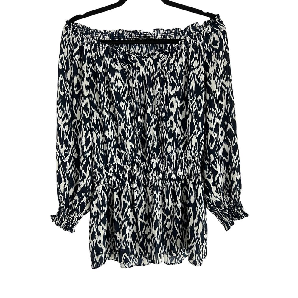 Alfani Navy/White Coastal Boat Neck Top Size 8 Peasant Gathered Waist 3/4 Sleeve